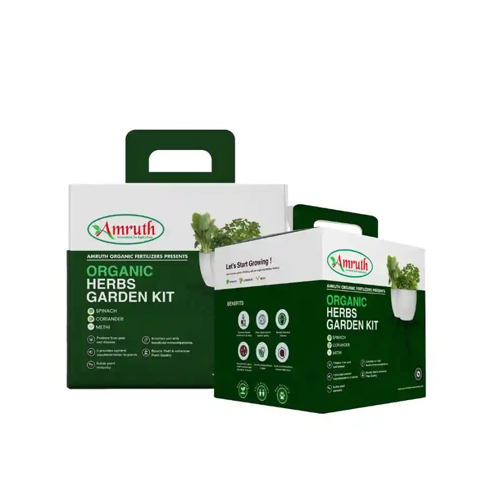 Amruth Organic Herbs Kit, Garden Kit, Grow Your Own Herbs with Seeds, Coir Coin, Organic Manure, Pots, Nutritional and Protection Spray