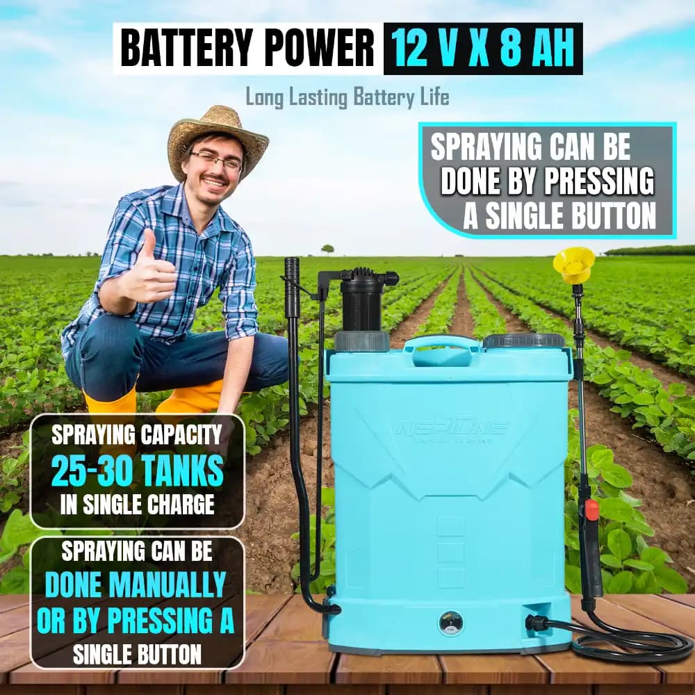 Neptune Model-21 2 in 1 Battery And Manual Sprayer, 12V x 8Amp, 20L Tank, Telescopic Lance, 4 Nozzles, Ideal For Agriculture & Garden (Color May Vary) - Image 5