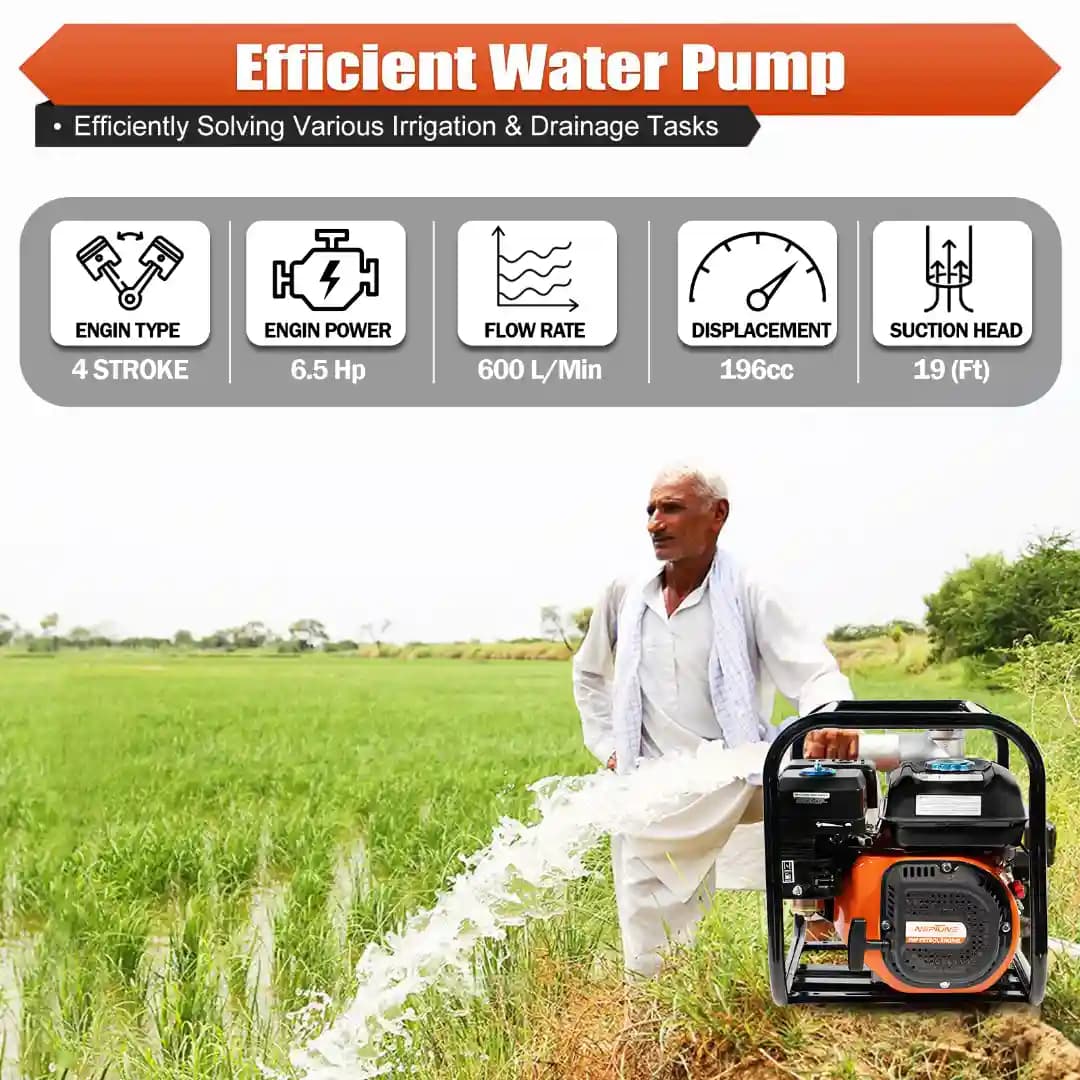 Neptune NPP-30 Water Pump, 3 Inch Outlet, 6.5 HP, 196 CC 4 Stroke Petrol Engine, 3600 RPM Ideal for Farming, Irrigation, Draining & Gardening - Image 4
