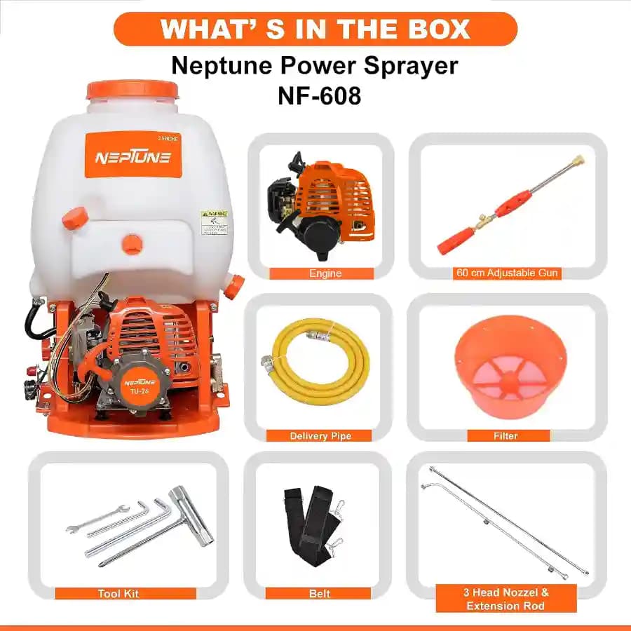 Neptune Model-608 Knapsack Power Sprayer, 2-Stroke 26CC Petrol Engine, 16L Tank, 2 Types Spray Guns Included, Ideal for Farming, Agriculture & Garden - Image 6