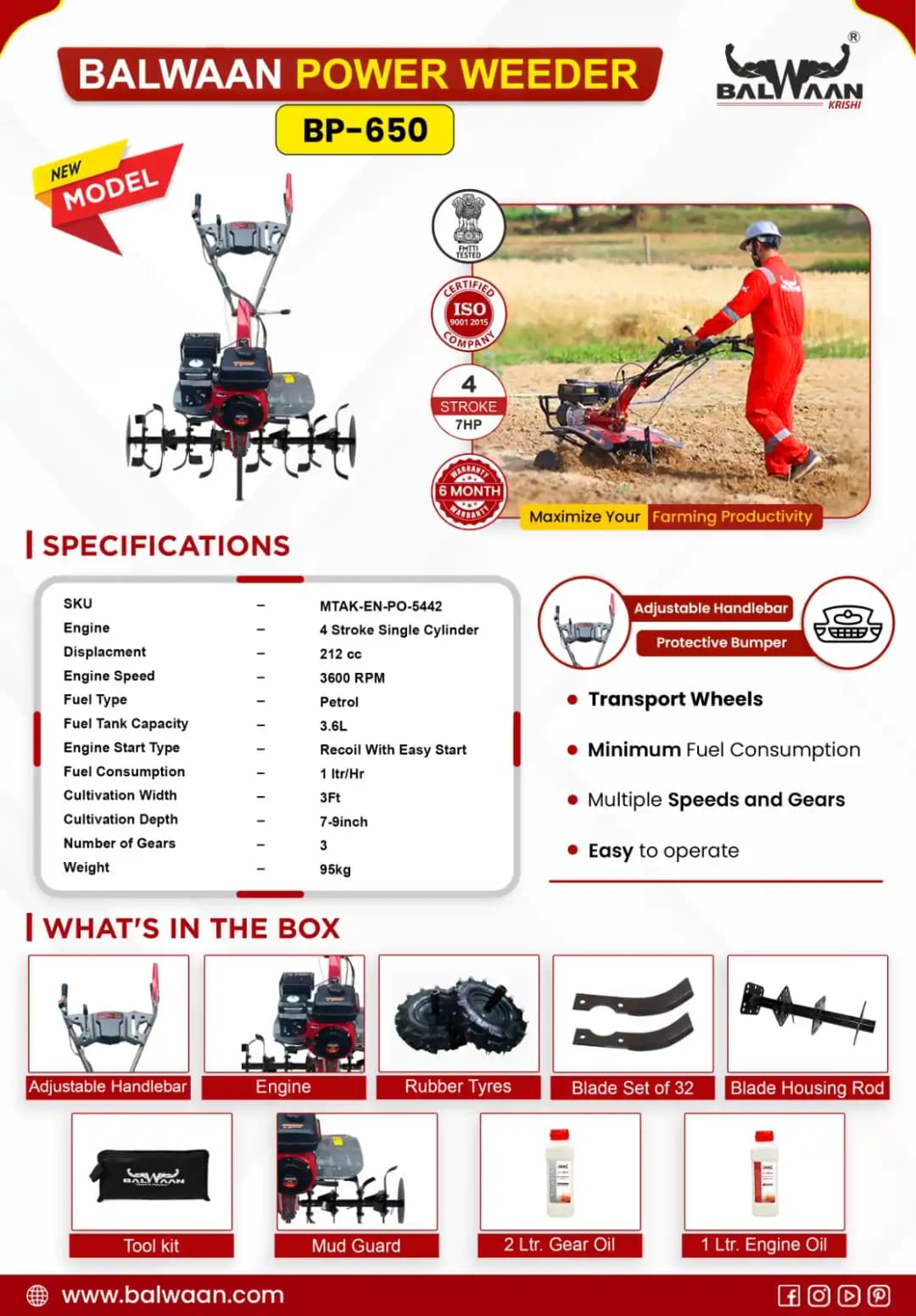 Balwaan BP-650 Power Weeder, 7 HP High Power Engine, 4 Stroke, Used For Weeding In All Types of Agriculture Crops - Image 11