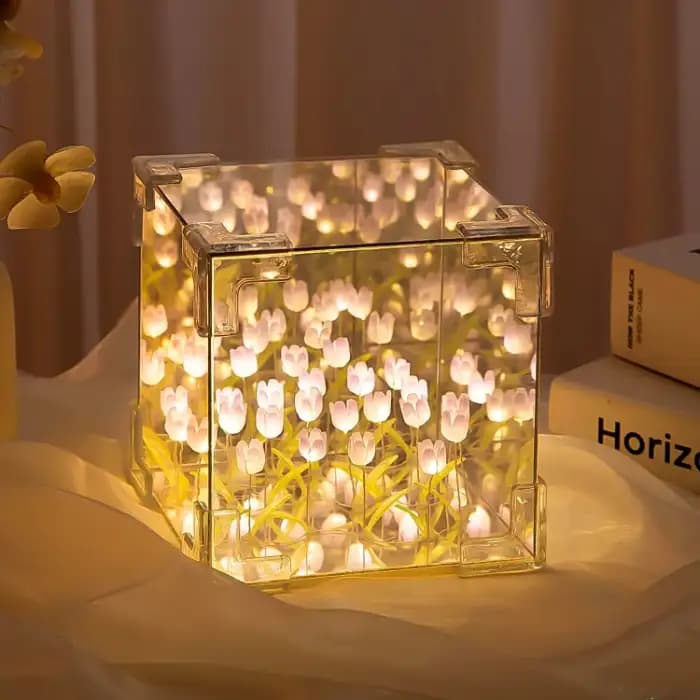 Cube Tulip Night Lamp, LED Decorative Mirror Flower Table Light For Bedroom - Image 2