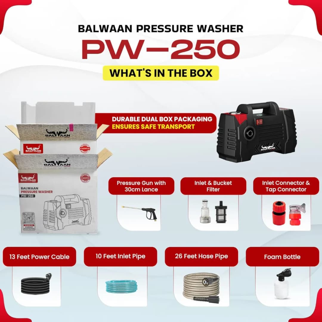 Balwaan PW-250 Pressure Washer, 120-150 Bar Rated Pressure, 1800W Motor, Compact And Powerful, Less Water Consumption - Image 4