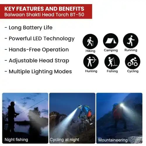 Balwaan Shakti LED BT-50 Flashlight Head Torch, 5W LED Light, Multi-Purpose Use - Image 4