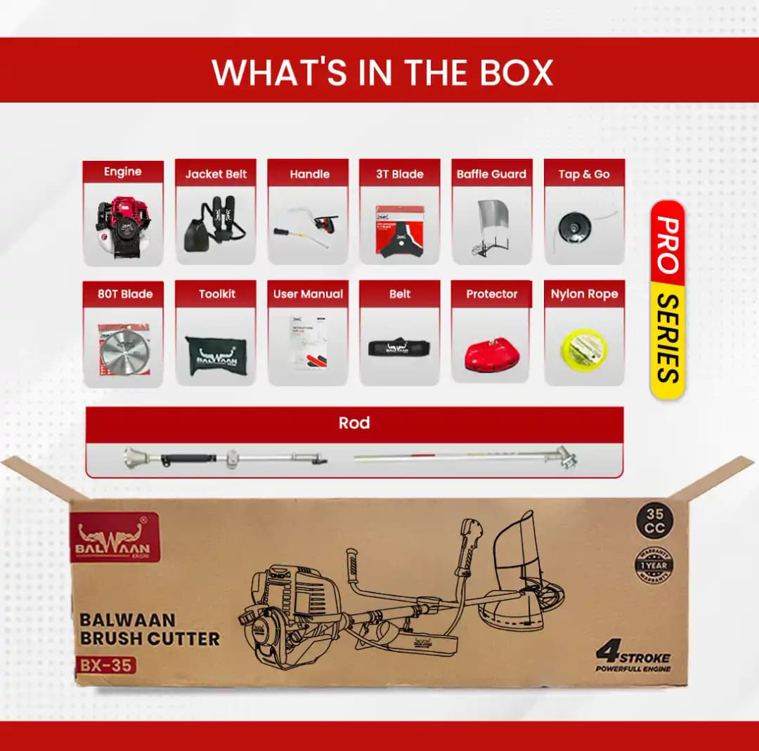 Balwaan BX-35 Pro Brush Cutter, 4-Stroke Petrol (35CC) With 80-T Blade, 3-T Blade And Tap N Go, Nylon Cutter - Image 7