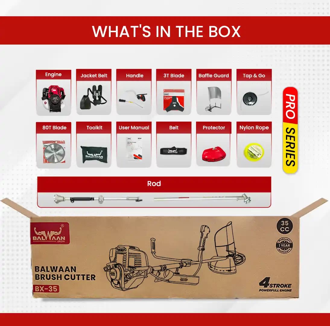 Balwaan BX-35 Pro Brush Cutter, 4-Stroke Petrol (35CC) With 80-T Blade, 3-T Blade And Tap N Go, Nylon Cutter - Image 7