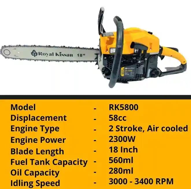 Royal Kissan RK5800 Ultra Premium 18 Inch Chain Saw with Powerful Petrol Engine, 2-Stroke 58CC Suitable for Woodcutting Saw for Farm, Garden and Ranch - Image 3