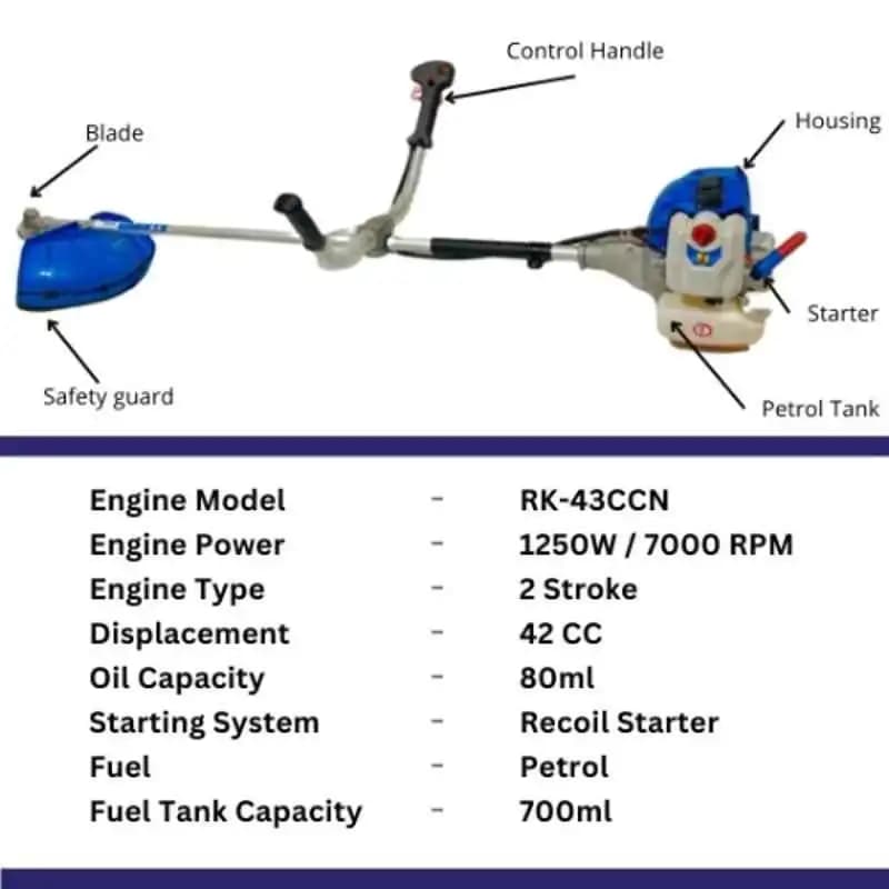 Royal Kissan RK-43CCN Ultra Premium Brush Cutter 2-Stroke Side Pack, 43CC Petrol Engine 80T-2T Nylon Trimmer Blades, Grass Trimming - FMTTI Tested - Image 4