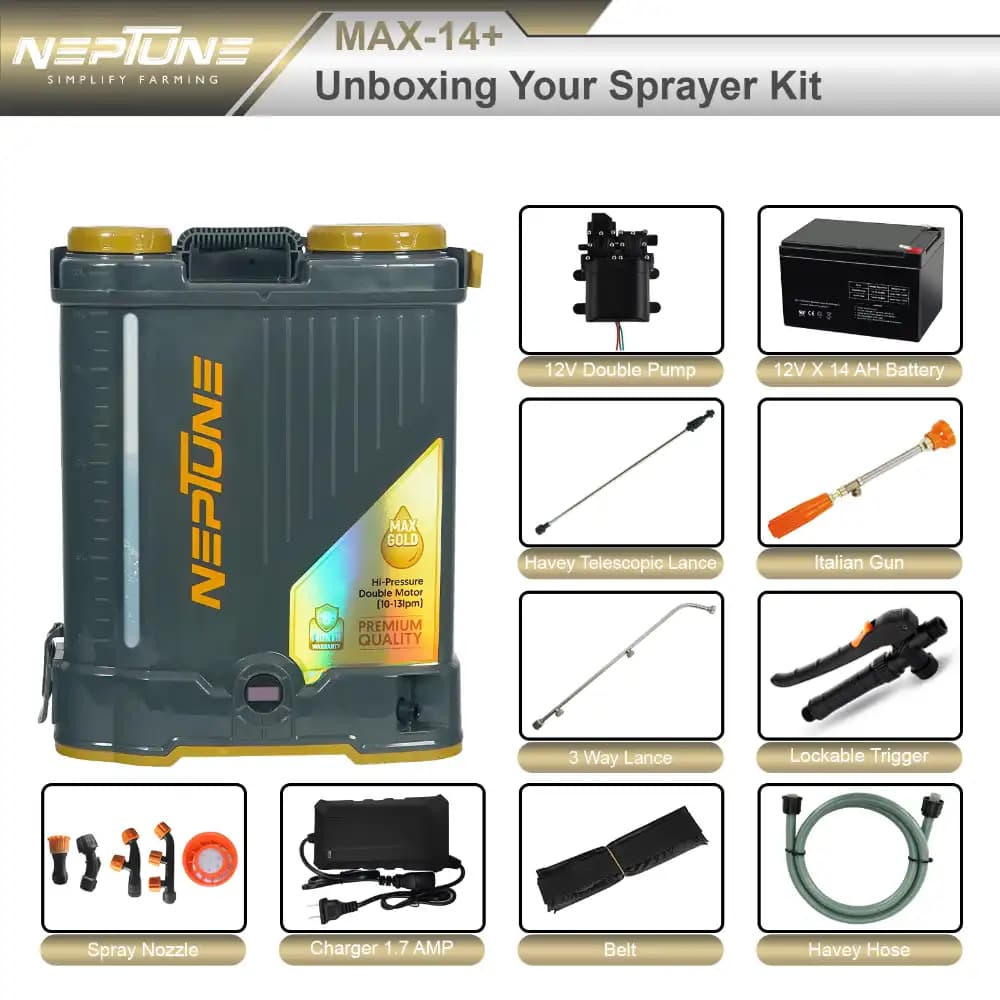 Neptune Max-14-Plus Backpack Battery Sprayer, Dual Pump 12V 14AH, 20L Tank, Output 10-13 LPM with 5 Nozzles, Include Italian Gun for Farming & Garden - Image 5
