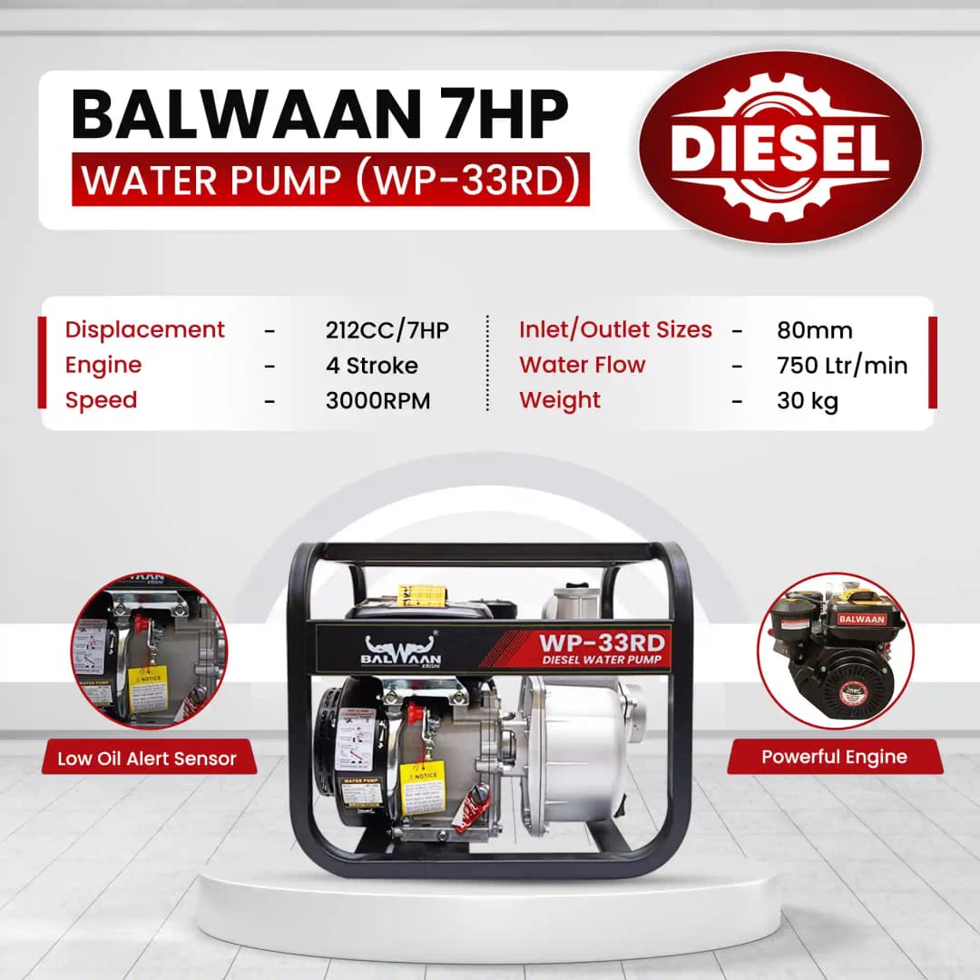 Balwaan WP-33RD 7HP Diesel Water Pump, 4 Stroke Engine, 3-Inch Outlet, Recoil Starter - Image 4