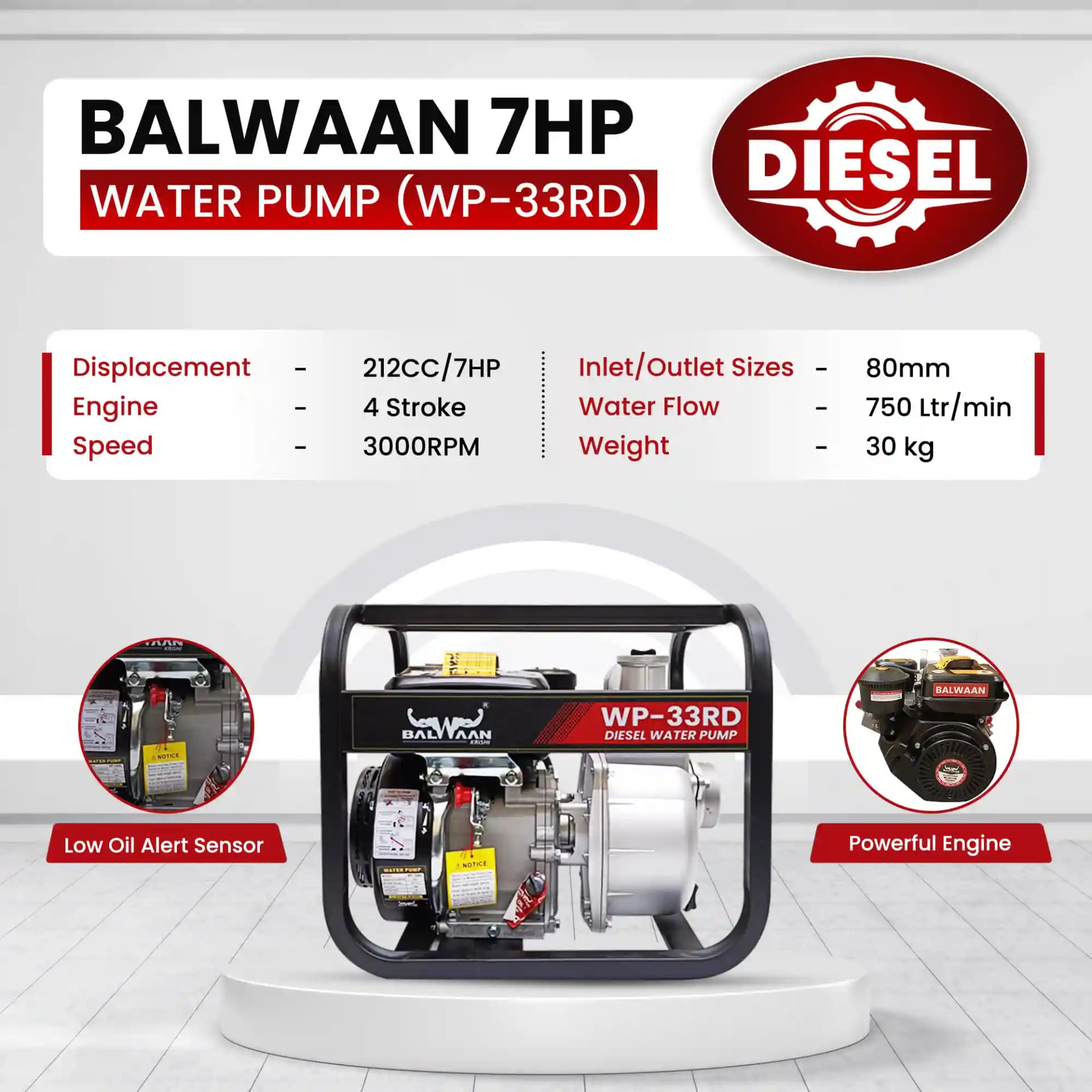 Balwaan WP-33RD Diesel Water Pump 7HP - 4 Stroke, 3-Inch Outlet, Recoil Starter - Image 4