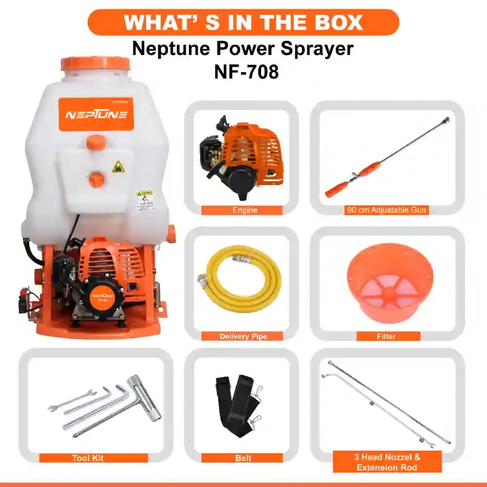 Neptune Model-708 Knapsack Power Sprayer, 2-Stroke 26CC Petrol Engine, 20L Tank, 2 Types Spray Guns Included, Ideal for Farming, Agriculture & Garden - Image 6