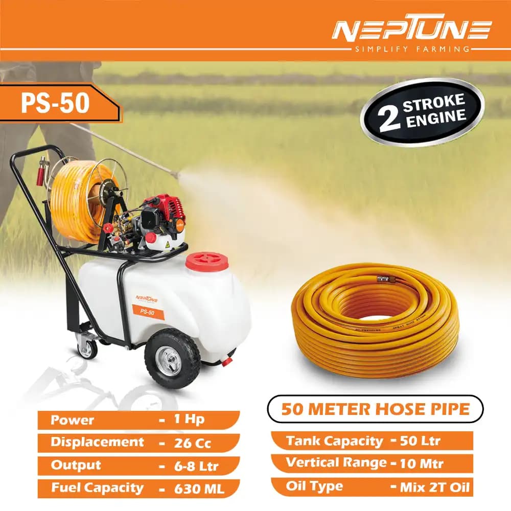 Neptune PS-50 Portable Trolley Power Sprayer, 2-Stroke 26CC Engine, 50L Tank, Spray Gun, 50 Meter Hose with Reel, Ideal for Farming & Garden - Image 4