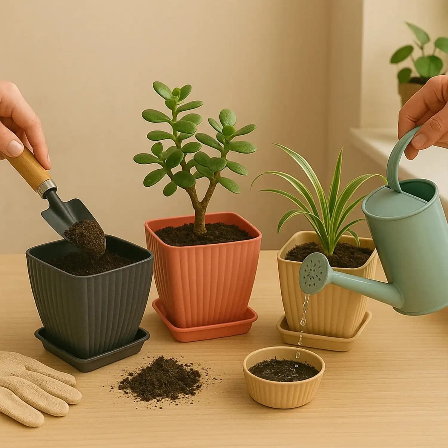 Trendy Flower Pots, Square Plastic with Matching Trays, Planters for Indoor & Outdoor Gardening, Multi-Colour (Set of 5) - Image 2