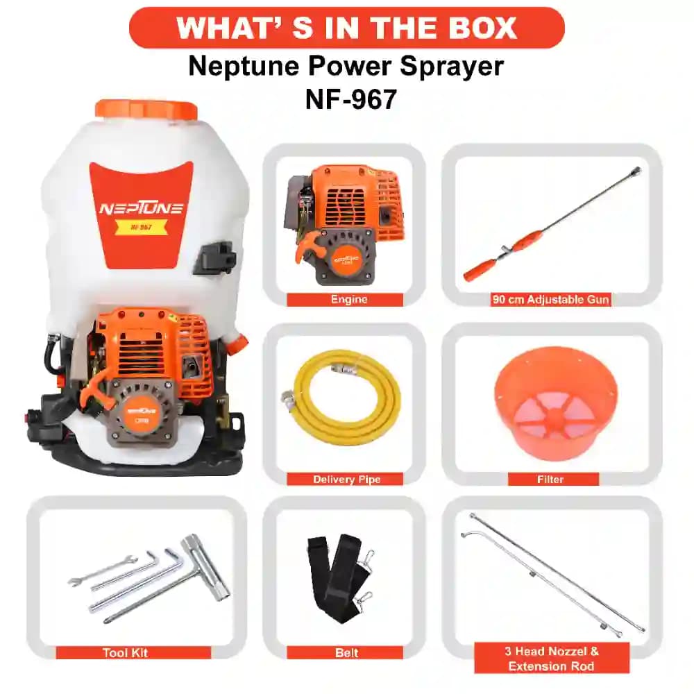 Neptune Model-967 Knapsack Power Sprayer, 4-Stroke 31CC Petrol Engine, 20L Tank, 2 Types Spray Guns Included, Ideal for Farming, Agriculture & Garden - Image 6