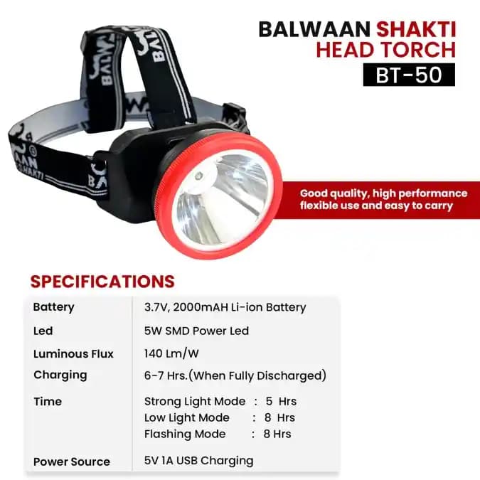 Balwaan Shakti LED BT-50 Flashlight Head Torch, 5W LED Light, Multi-Purpose Use - Image 5