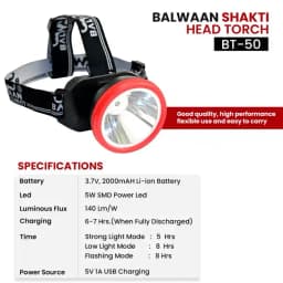 Balwaan Shakti LED BT-50 Flashlight Head Torch, 5W LED Light, Multi-Purpose Use 5