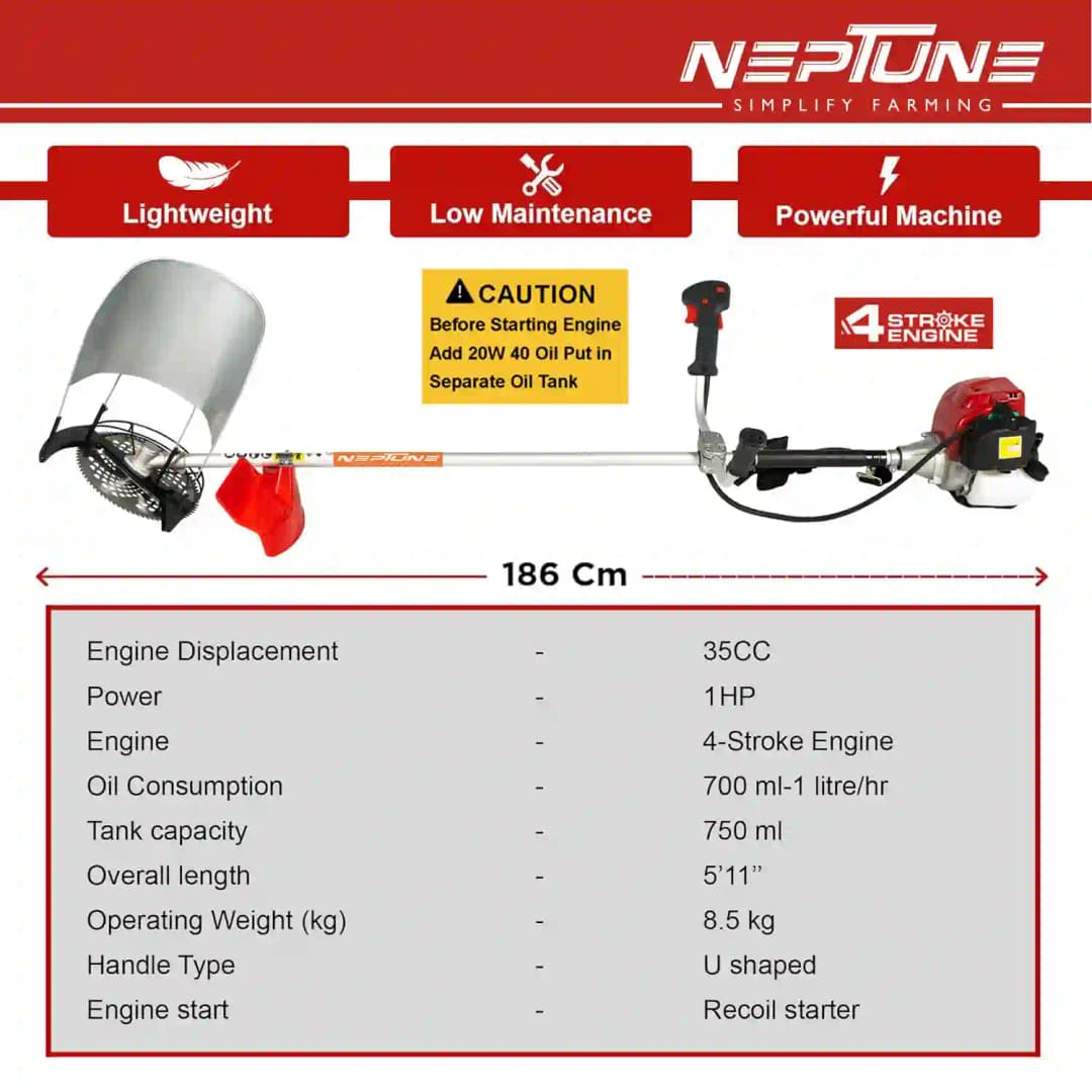 Neptune BC-360 Side Pack Brush Cutter, 35CC Advanced Technology 4 Stroke Petrol Engine, Heavy Duty Crop Cutter Machine - Image 8