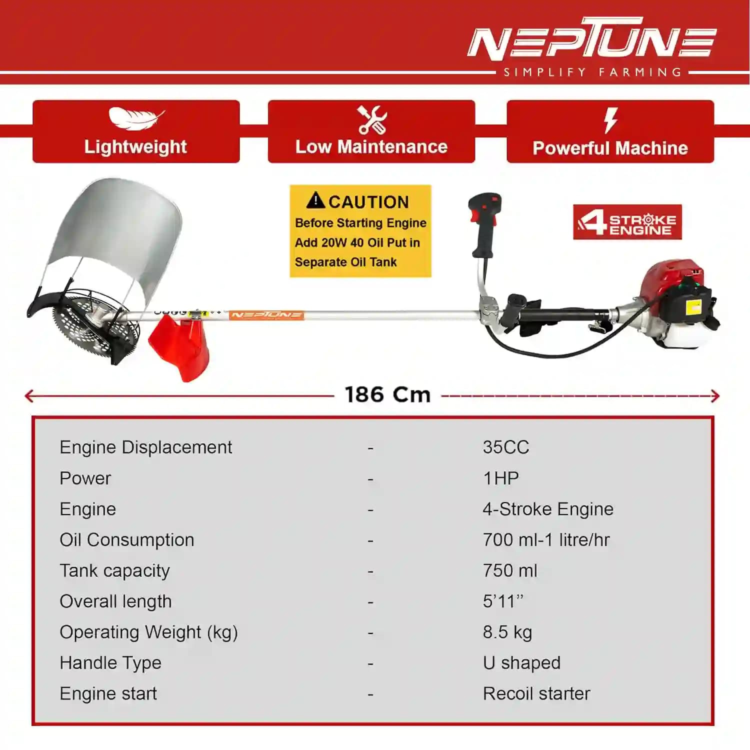 Neptune BC-360 Side Pack Brush Cutter, 35CC Advanced Technology 4 Stroke Petrol Engine, Heavy Duty Crop Cutter Machine - Image 8