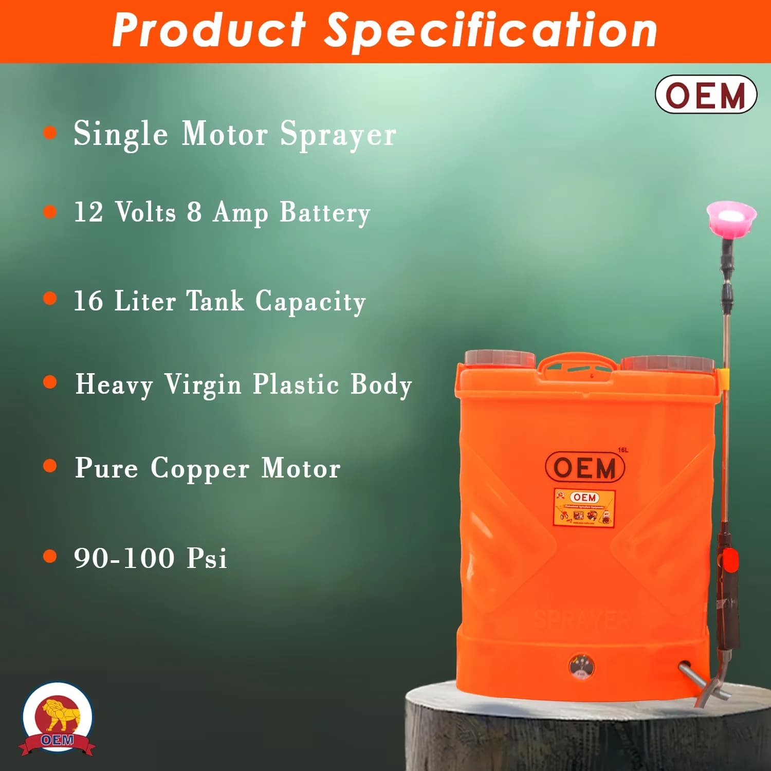 OEM Battery Operated Sprayer 12V x 8A (16 Liter Capacity) High-Pressure Knapsack For Agriculture, Gardening & Pest Control - Image 3