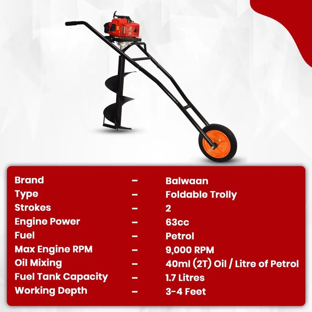 Balwaan BE 63T Trolly Earth Auger 2 Stroke, 63cc With 8 and 12 Bits, Used To Dig Holes In The Soil For Planting - Image 4