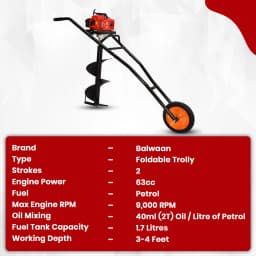 Balwaan BE 63T Trolly Earth Auger 2 Stroke, 63cc With 8 and 12 Bits, Used To Dig Holes In The Soil For Planting 4