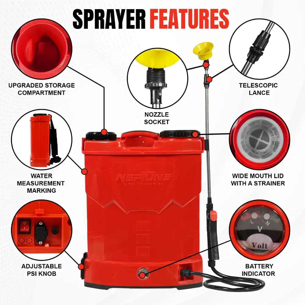 Neptune Model-13 Knapsack Battery Sprayer 12V 12Amp, 20L Tank, Telescopic Lance with 4 Nozzles, Ideal for Farming & Garden Spraying (Color May Vary) - Image 8