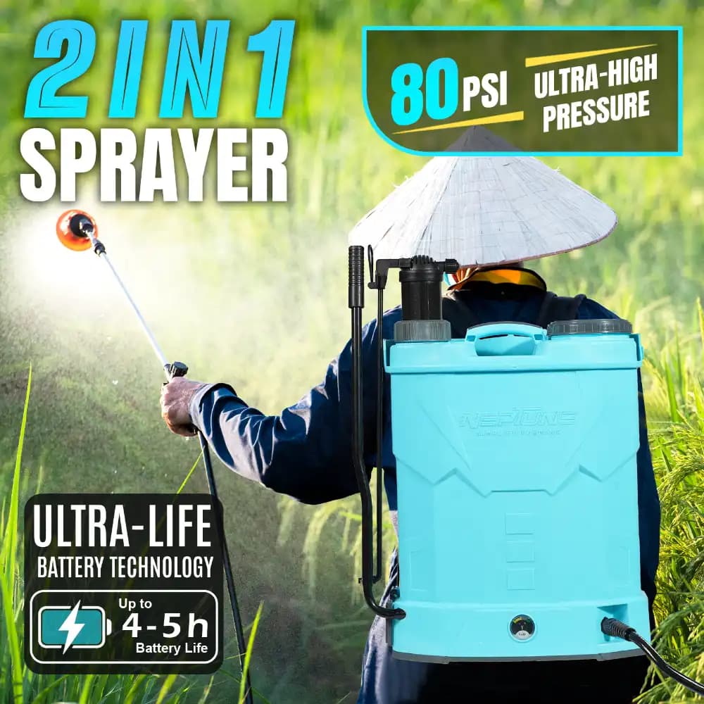 Neptune Model-21 2 in 1 Battery And Manual Sprayer, 12V x 8Amp, 20L Tank, Telescopic Lance, 4 Nozzles, Ideal For Agriculture & Garden (Color May Vary) - Image 2