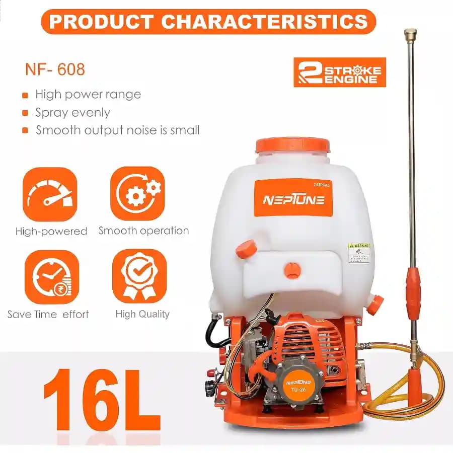Neptune Model-608 Knapsack Power Sprayer, 2-Stroke 26CC Petrol Engine, 16L Tank, 2 Types Spray Guns Included, Ideal for Farming, Agriculture & Garden - Image 4