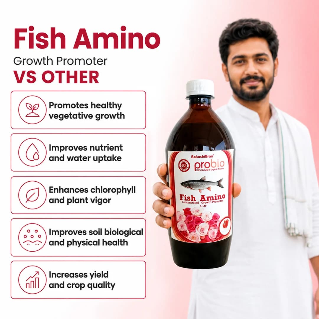 फिश अमिनो कंसेंट्रेट, मिट्टी और पत्तियों दोनों पर उपयोग के लिए एक उत्तम उर्वरक। यह फसलों के विकास को उनकी शाकीय अवस्था के दौरान बढ़ावा देता है। - Image 2