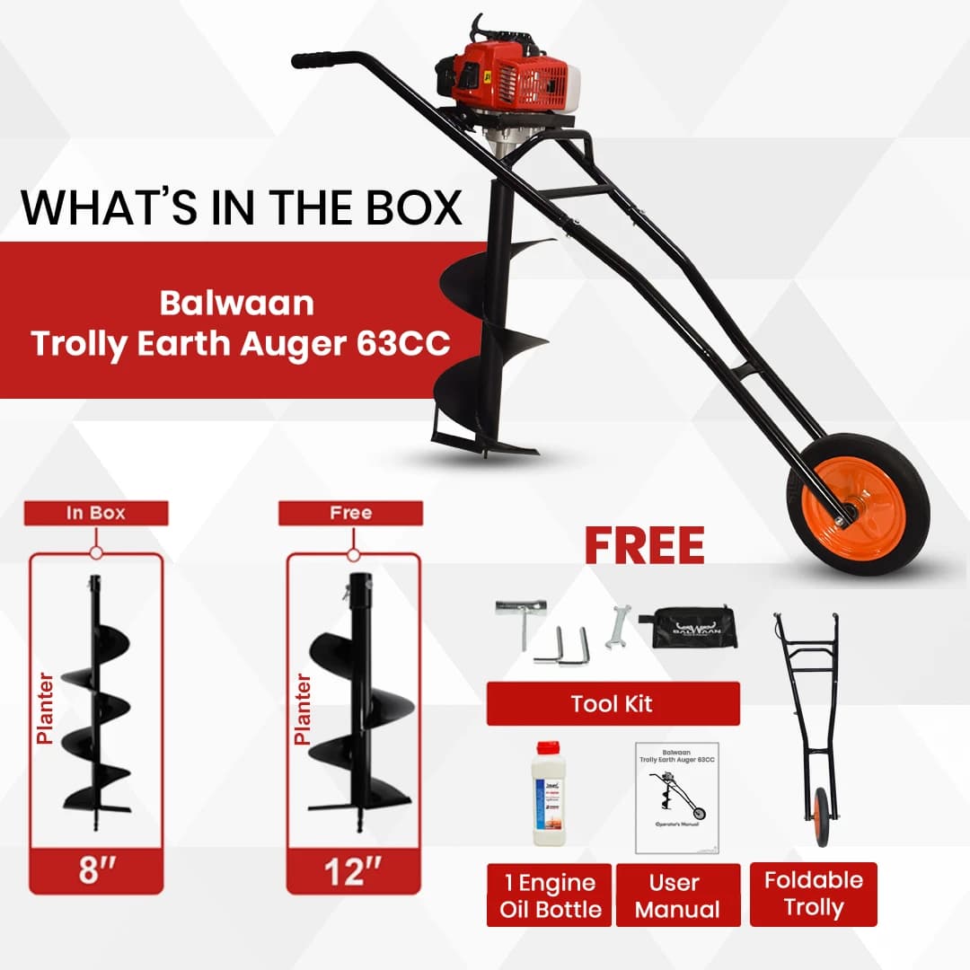 Balwaan BE 63T Trolly Earth Auger 2 Stroke, 63cc With 8 and 12 Bits, Used To Dig Holes In The Soil For Planting - Image 7