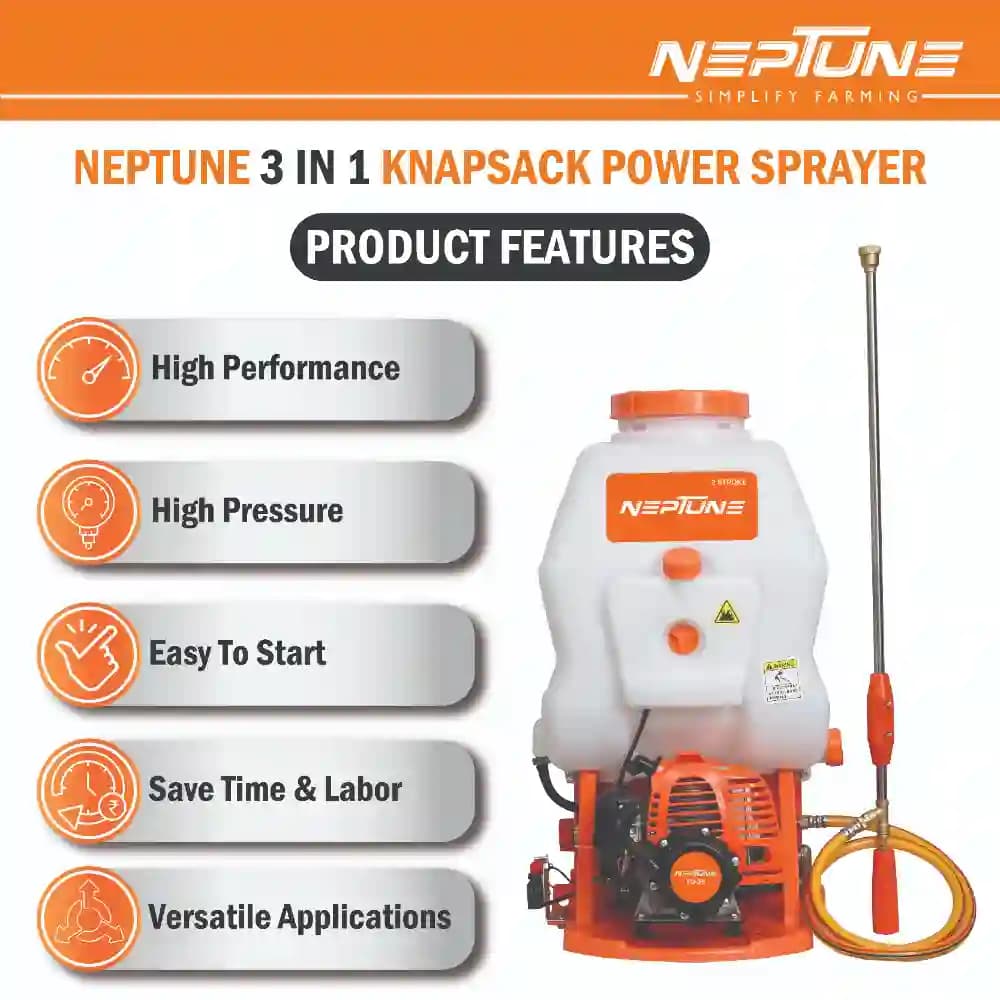 Neptune Model-708 Knapsack Power Sprayer, 2-Stroke 26CC Petrol Engine, 20L Tank, 2 Types Spray Guns Included, Ideal for Farming, Agriculture & Garden - Image 8