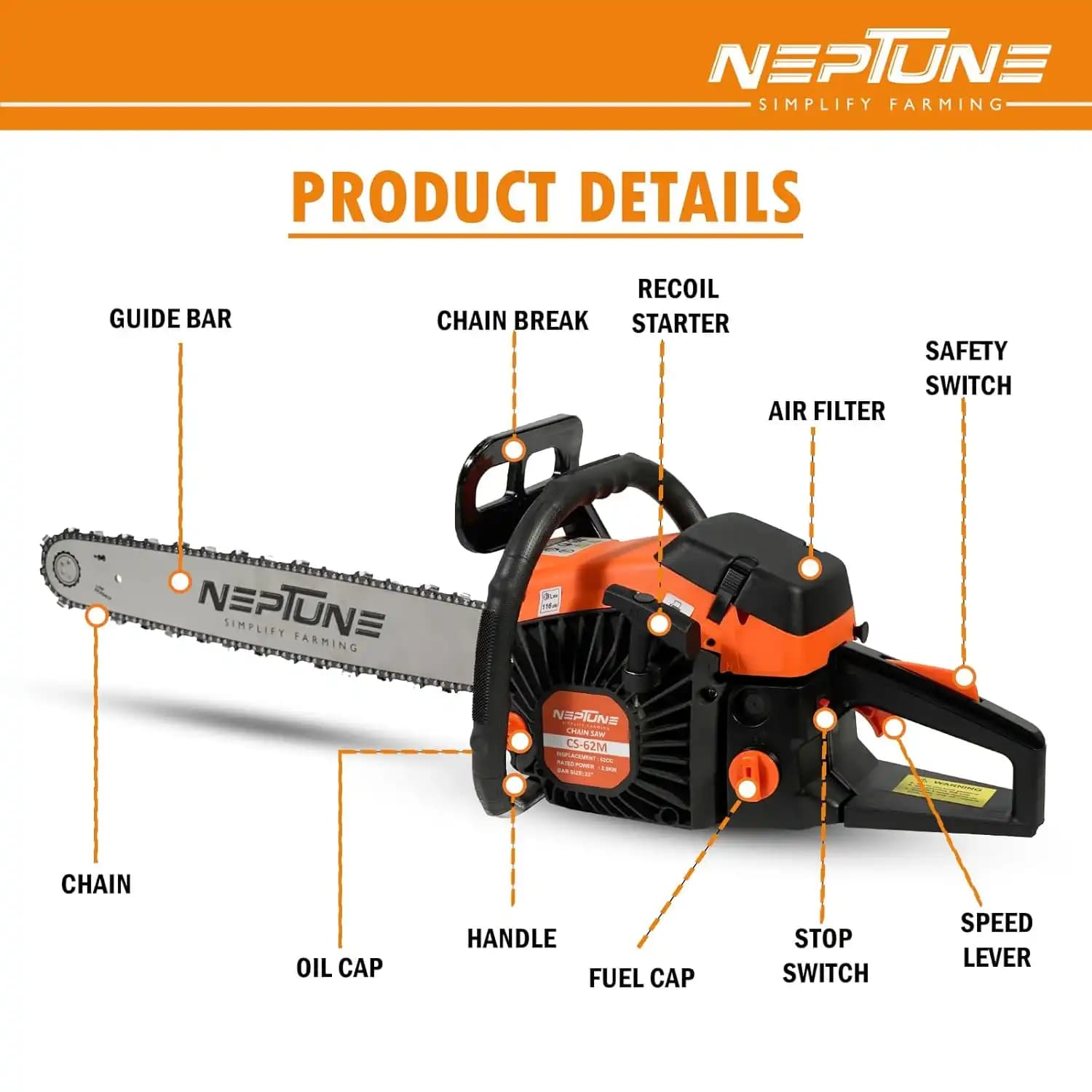 Neptune CS-62 Chain Saw 62CC Powerful 2 Stroke Petrol, Woodcutting Saw, 22 Inch Blade, Professional Cutter For Trees, Garden And Agriculture - Image 11