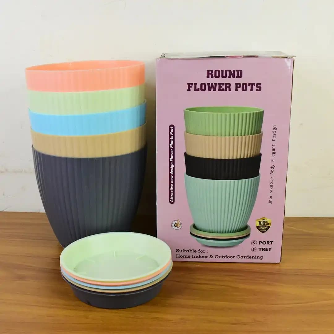 Round Flower Pots, Plastic with Decorative Bottom Tray With Color Box (5 Pcs Set) - Image 5