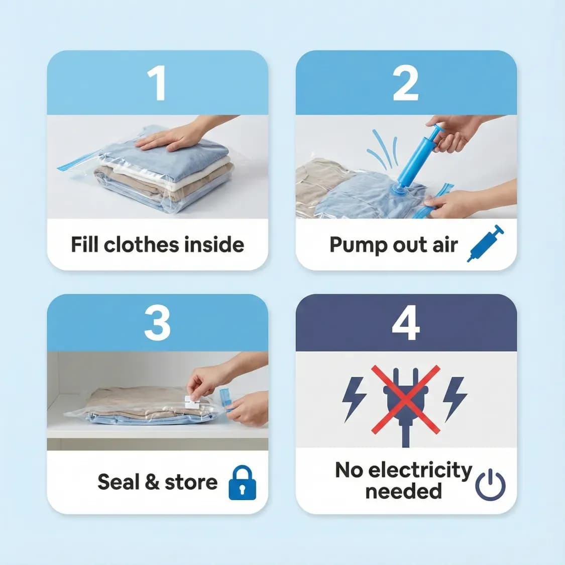 Vacuum Storage Bags with Suction Pump & Shirt Clips Big Capacity Space Saver Set (5 Pcs Set) - Image 5