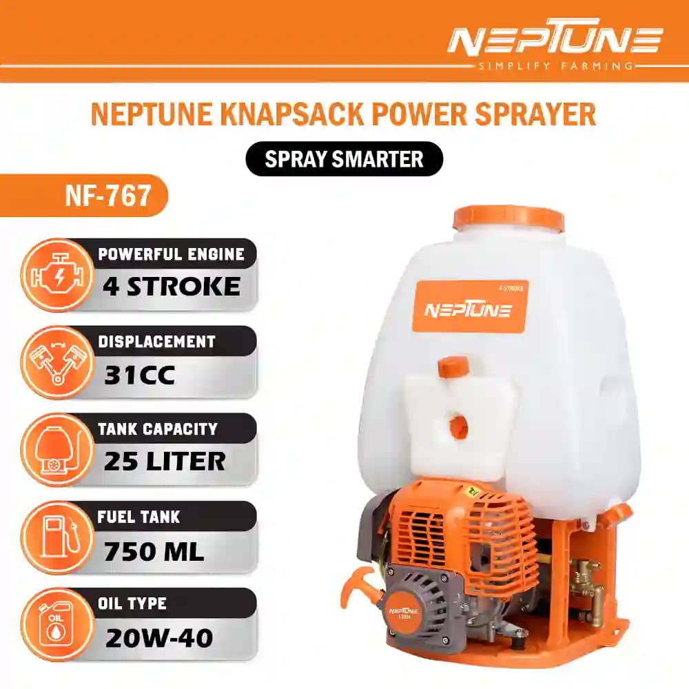 Neptune Model-767 Knapsack Power Sprayer, 4-Stroke 31CC Petrol Engine, 25L Tank, 2 Types Spray Guns Included, Ideal for Farming, Agriculture & Garden - Image 3