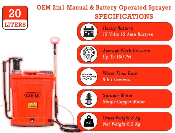 OEM 2 In 1 Battery and Manual Operated 12Vx12A (20L Capacity) Knapsack Sprayer With Free Gun, Heavy Battery, Heavy Copper Motor For High Pressure - Image 6