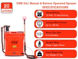 OEM 2 In 1 Battery and Manual Operated 12Vx12A (20L Capacity) Knapsack Sprayer With Free Gun, Heavy Battery, Heavy Copper Motor For High Pressure 6