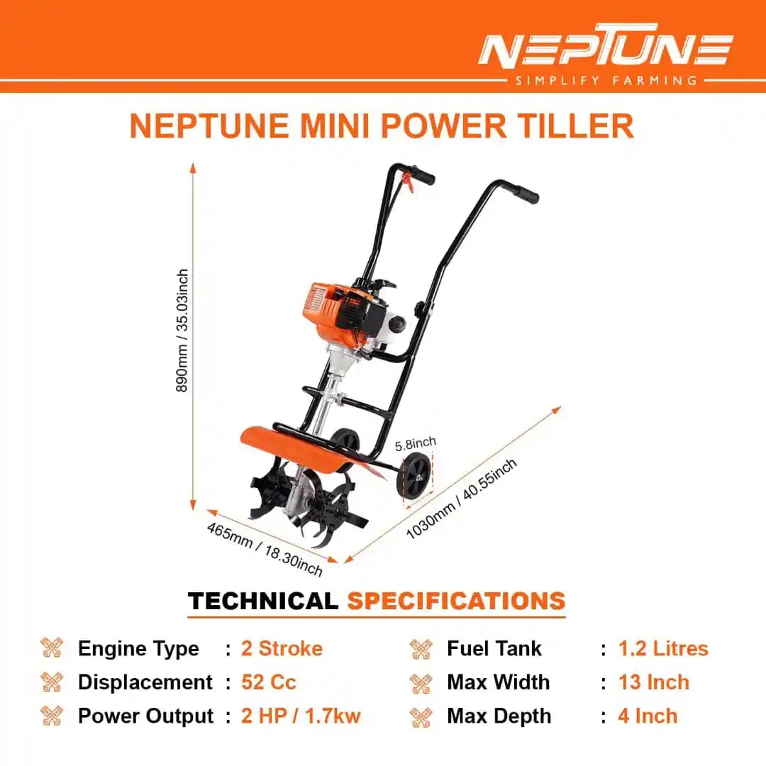 Neptune NC-52 Top Mini Power Tiller, 52CC, 2HP Petrol Engine, High Carbon Blades, 12 Width, 4 Depth, Perfect For Agriculture, Farm & Garden Work - Image 4