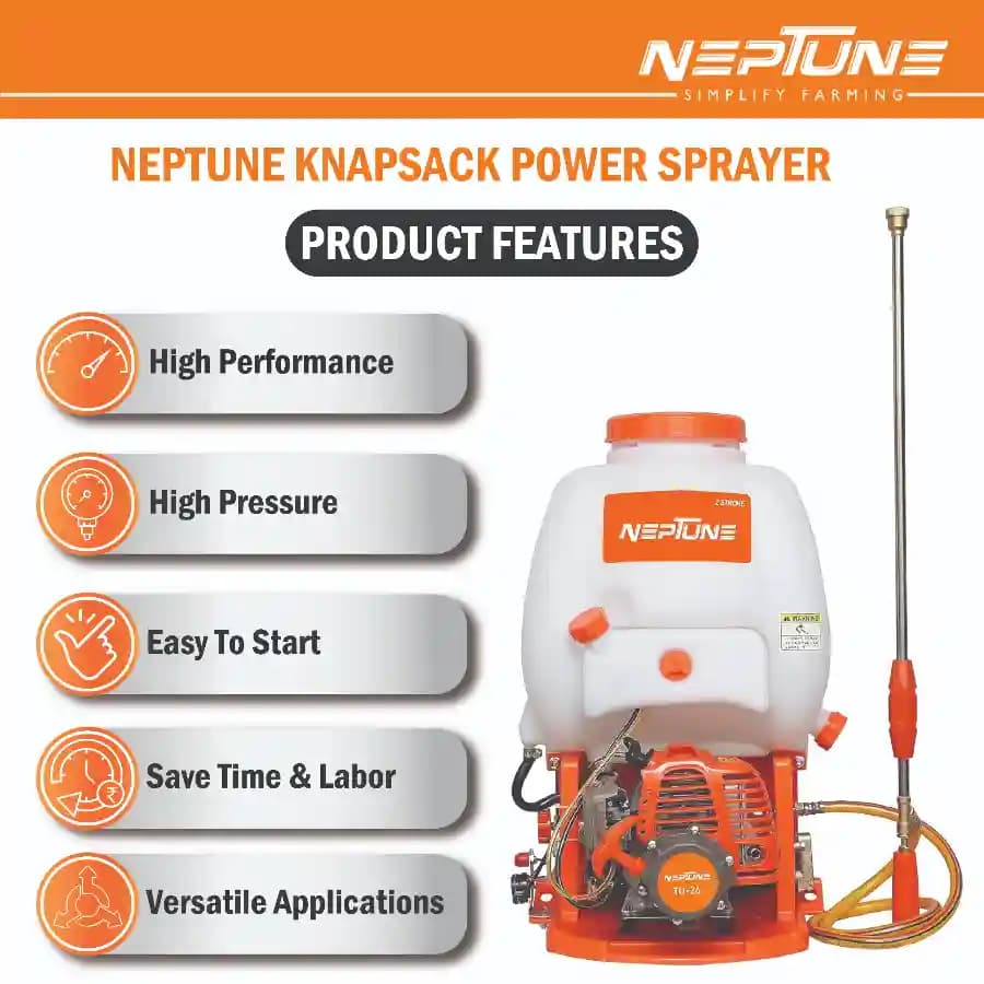 Neptune Model-608 Knapsack Power Sprayer, 2-Stroke 26CC Petrol Engine, 16L Tank, 2 Types Spray Guns Included, Ideal for Farming, Agriculture & Garden - Image 8