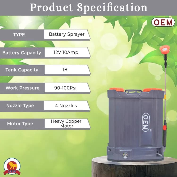 OEM Battery Sprayer With 12V x 10A Battery (18 L Capacity), Copper High Pressure Motor, 4 Free Nozzles Powerful Agricultural Sprayer - Image 2