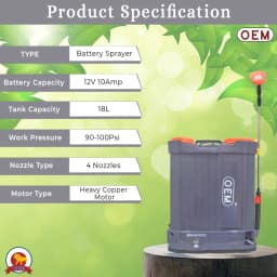 OEM Battery Sprayer With 12V x 10A Battery (18 L Capacity), Copper High Pressure Motor, 4 Free Nozzles Powerful Agricultural Sprayer 2