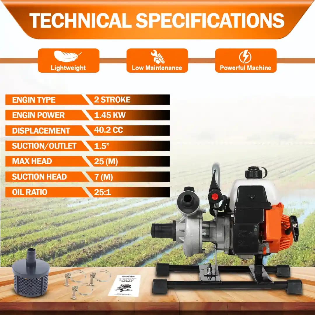 Neptune 43CC Portable Water Pump 1.5 Inch Outlet, Powerful 2 Stroke Petrol Engine, Maximum Discharge 135 L.min Ideal for Farming, Draining & Gardening - Image 5