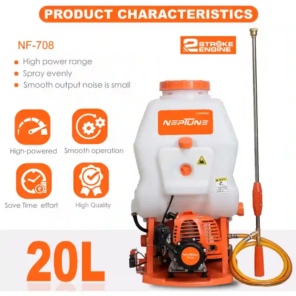 Neptune Model-708 Knapsack Power Sprayer, 2-Stroke 26CC Petrol Engine, 20L Tank, 2 Types Spray Guns Included, Ideal for Farming, Agriculture & Garden - Image 5
