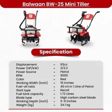 Balwaan BW-25 Mini Tiller 63CC, 2 Stroke, For Soil Preparation And Removes Unwanted Weed - Image 4