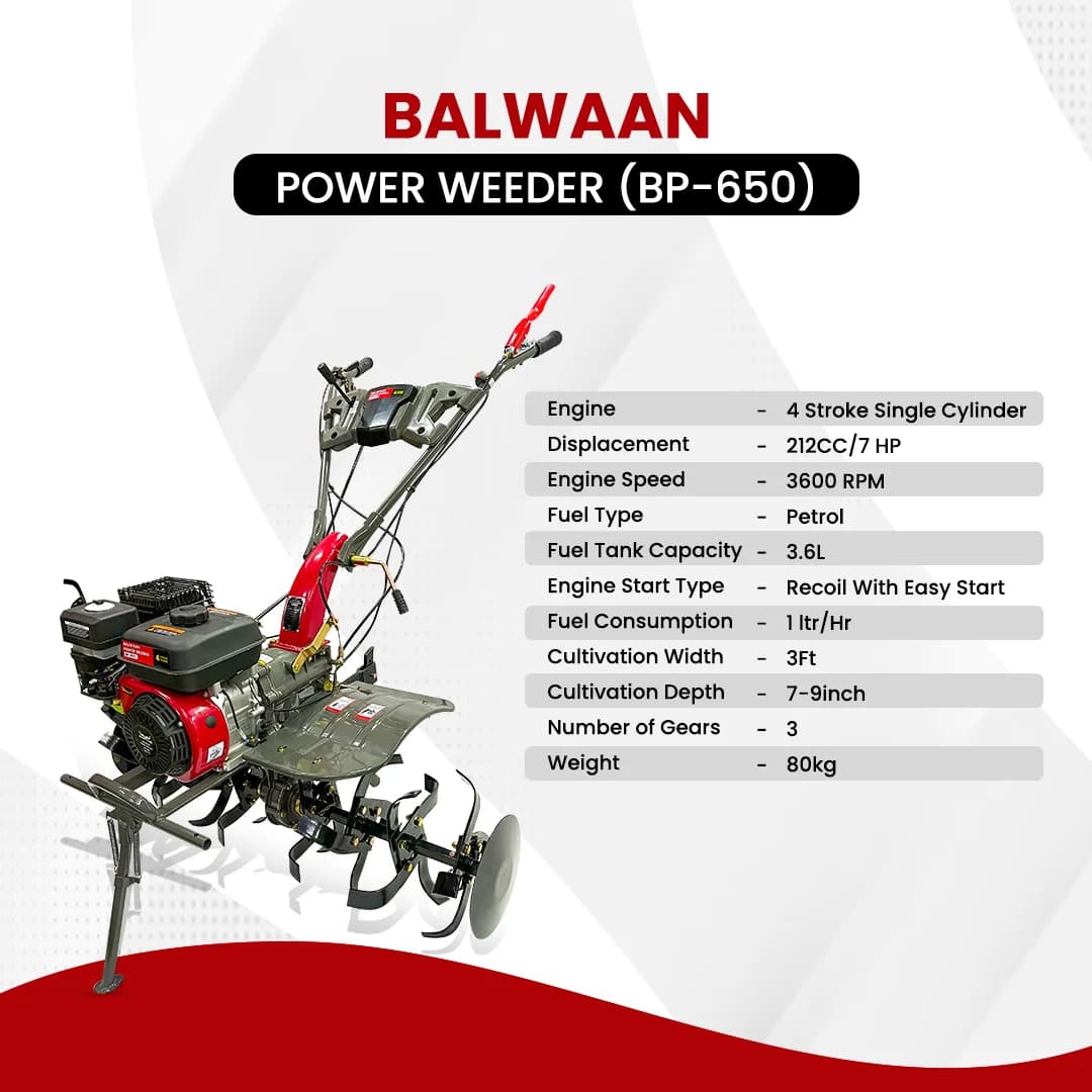Balwaan BP-650 Power Weeder, 7 HP High Power Engine, 4 Stroke, Used For Weeding In All Types of Agriculture Crops - Image 8