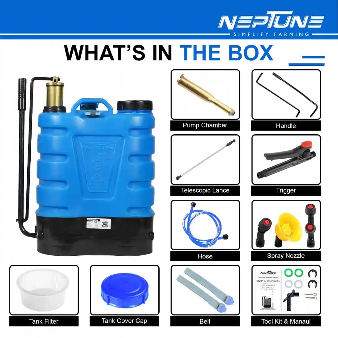 Neptune Hariyali-08 Knapsack Hand Operated Sprayer, 16L HDPE Tank Brass Pressure Chamber, Telescopic Lance with 3 Nozzles, Ideal for Farming, Garden - Image 4