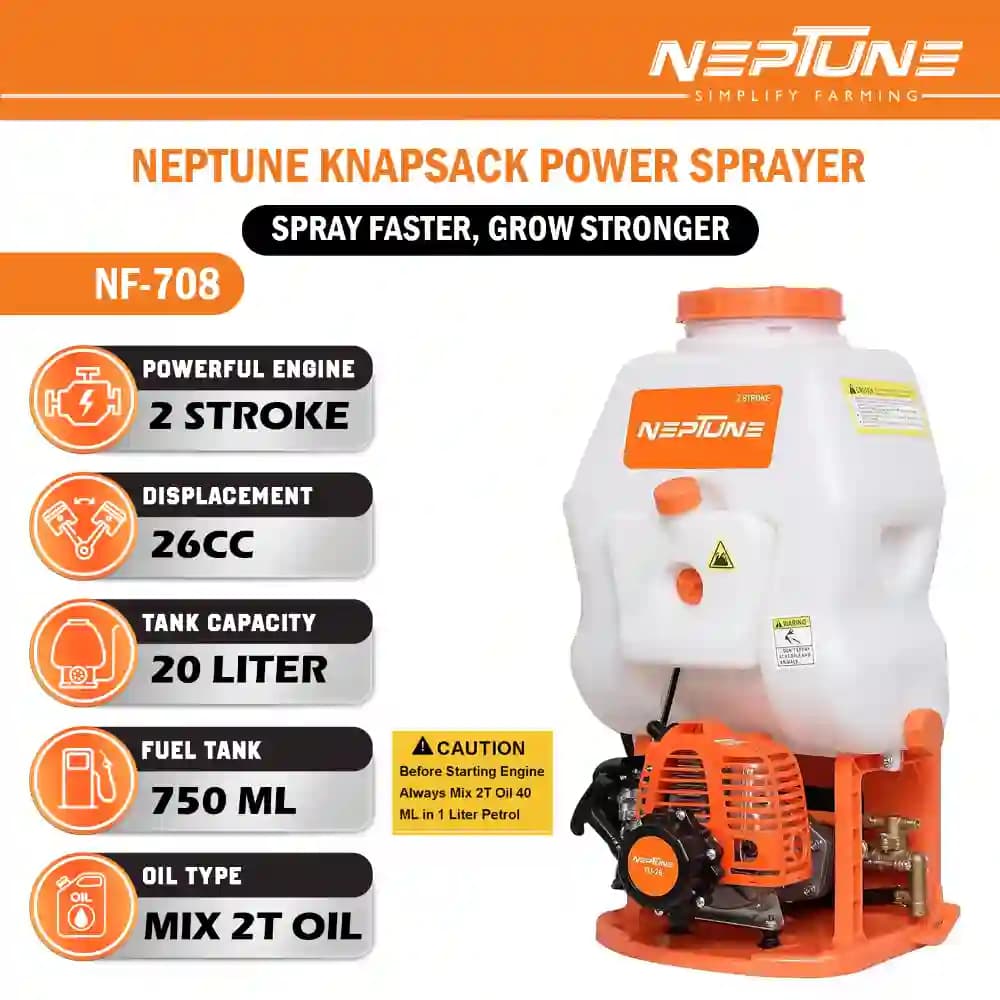 Neptune Model-708 Knapsack Power Sprayer, 2-Stroke 26CC Petrol Engine, 20L Tank, 2 Types Spray Guns Included, Ideal for Farming, Agriculture & Garden - Image 4