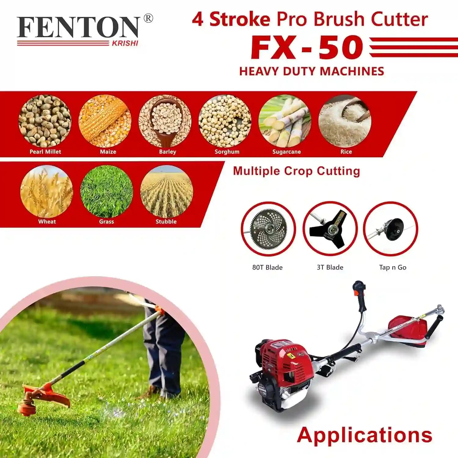 Fenton Krishi FTK-BP-50 3IT Brush Cutter With 80T, 3T, Tap n Go Trimmer, 50CC Prime, 4 Stroke Petrol Engine - Image 7
