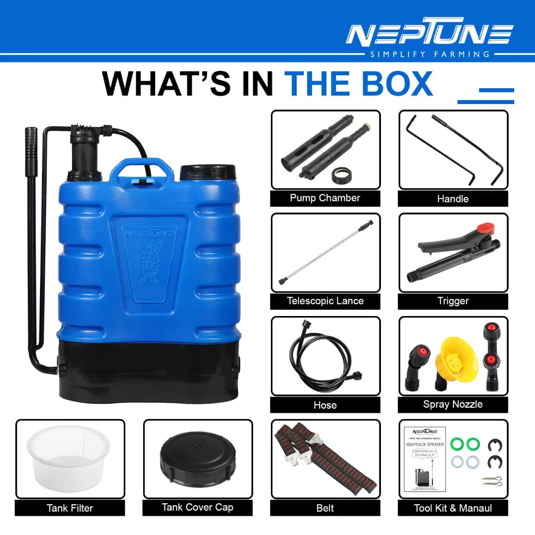 Neptune Fawar-33 Knapsack Hand Operated Sprayer, 16L HDPE Tank, Plastic Pressure Pump, Telescopic Lance with 3 Nozzles, Ideal for Farming, Gardening - Image 4